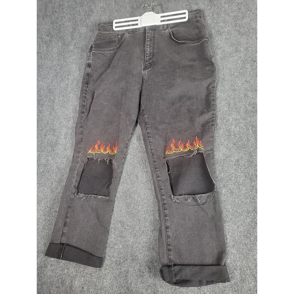 32 Jeans Distressed Cut Out Knee Flame Embroidered High Rise The Ragged Priest